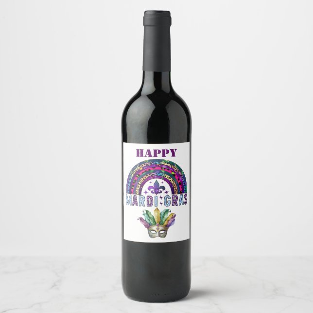 Mardi Gras Regnbåge och Mask Vin Etikett (Framsida)