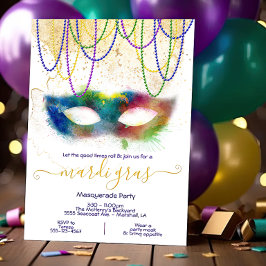 Mardi Gras Regnbåge Vattenfärg Maskerad Fest Inbjudningar