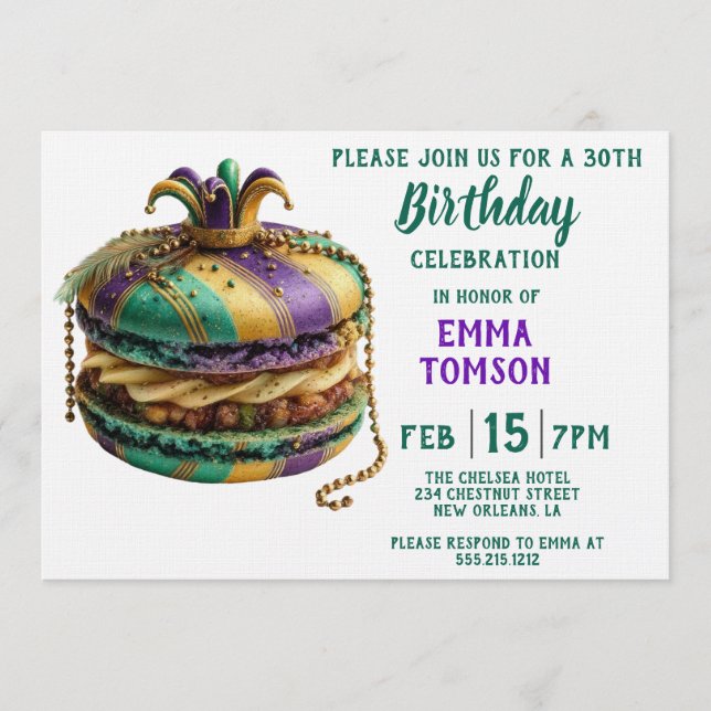 Mardi Gras Royal Macaron Födelsedag Inbjudningar (Framsida)