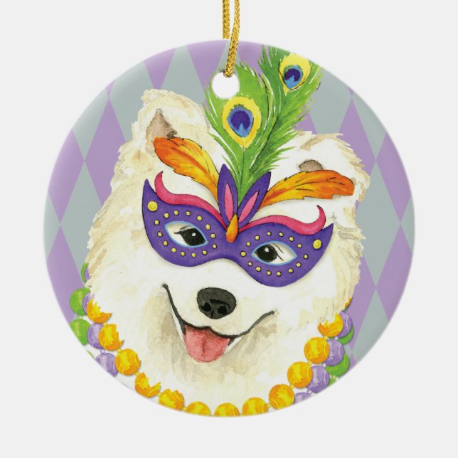 Mardi Gras Samoyed Julgransprydnad Keramik (Framsidan)