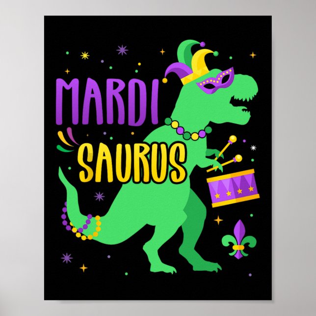 Mardi Gras Saurus Dinosaur T-rex med Jester Joker Poster (Framsidan)