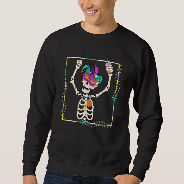 Mardi Gras Skeleton Drinking Coffee Mask Beads  1 Lång Ärmad Tröja (Framsida)