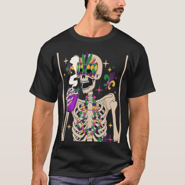 Mardi Gras Skeleton med leende mulldräneringskoder T Shirt (Framsida)