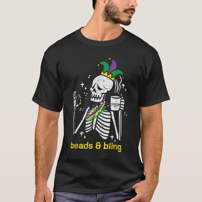 Mardi Gras Skeleton Pärlor Bling Funny Outfit Mana T Shirt (Framsida)