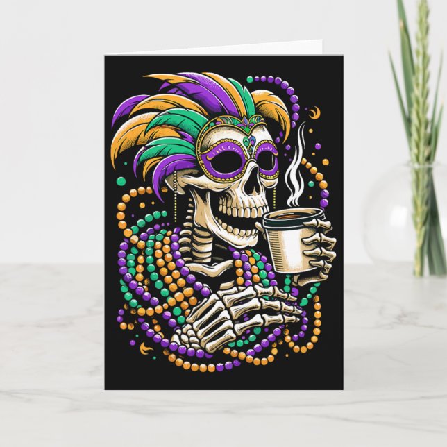 Mardi Gras-skelett dricker kaffe-pärlor maskerad  Kort (Framsida)