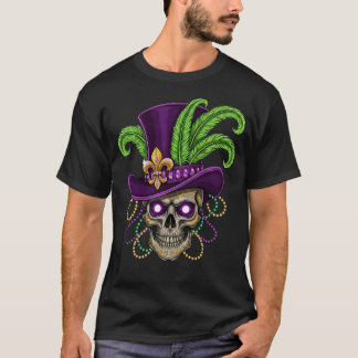Mardi Gras Skull in Purple Top Hat T Shirt