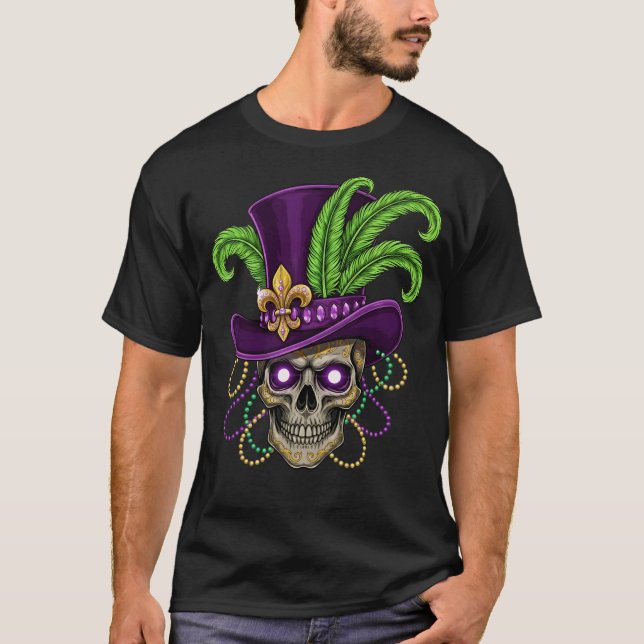 Mardi Gras Skull in Purple Top Hat T Shirt (Framsida)