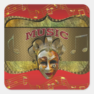 Mardi Gras Smiling Mask Metallic Musik noter Fyrkantigt Klistermärke