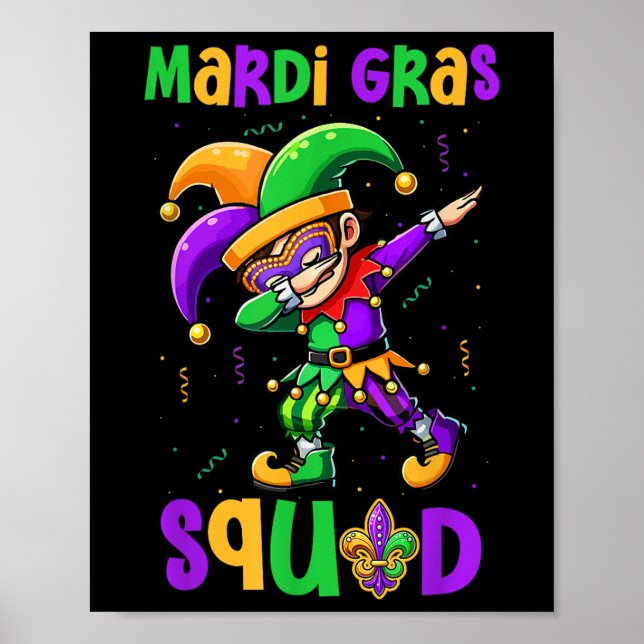 Mardi Gras Squad Dabbing Kid Boy Mfrågade Jester H Poster (Framsidan)