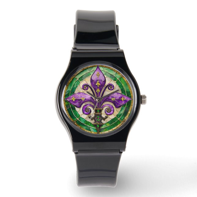 Mardi Gras Stached Glass Fleur de lis Armbandsur (Framsida)