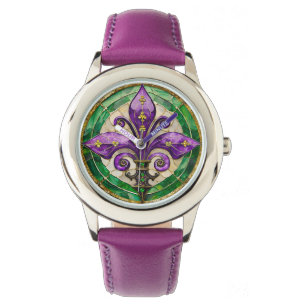 Mardi Gras Stached Glass Fleur de lis Armbandsur
