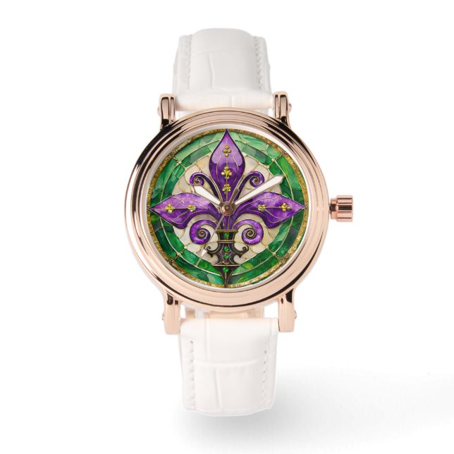 Mardi Gras Stached Glass Fleur de lis Armbandsur (Framsida)