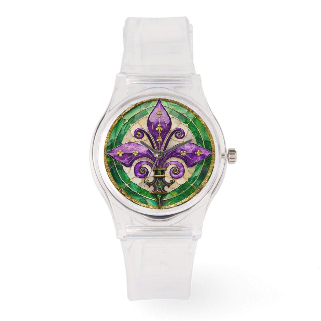Mardi Gras Stached Glass Fleur de lis Armbandsur (Framsida)
