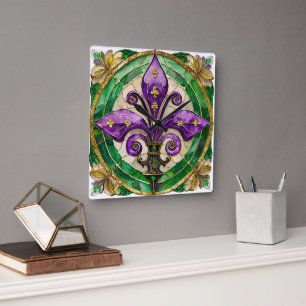 Mardi Gras Stached Glass Fleur de lis Fyrkantig Klocka