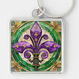 Mardi Gras Stached Glass Fleur de lis Fyrkantig Silverfärgad Nyckelring