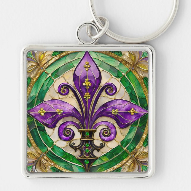 Mardi Gras Stached Glass Fleur de lis Fyrkantig Silverfärgad Nyckelring (Framsidan)