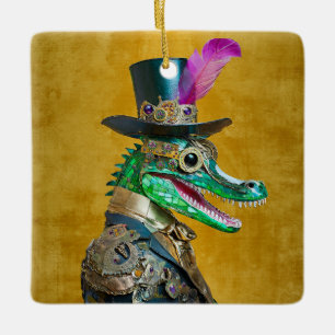 Mardi Gras Steampunk Party Animal Alligator Julgransprydnad Keramik