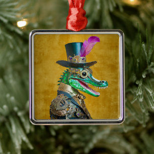 Mardi Gras Steampunk Party Animal Alligator Julgransprydnad Metall