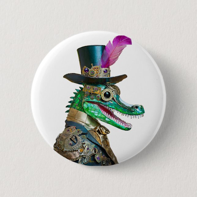 Mardi Gras Steampunk Party Animal Alligator Knapp (Framsida)