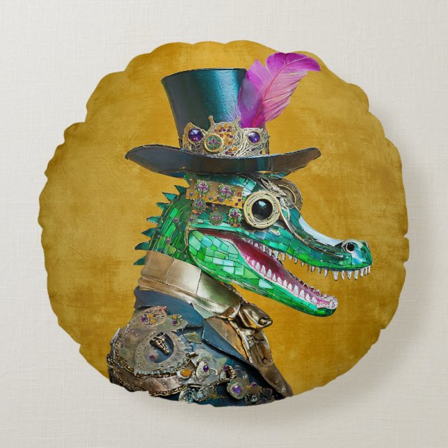 Mardi Gras Steampunk Party Animal Alligator Rund Kudde (Framsidan)