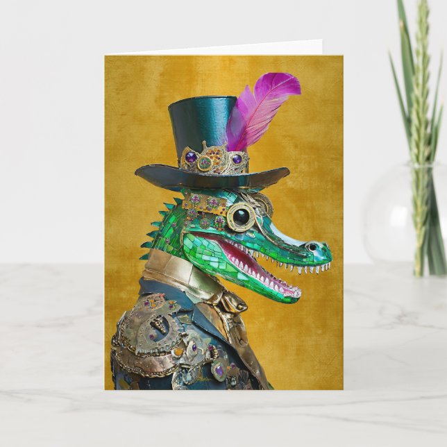 Mardi Gras Steampunk Party Animal Alligator Tack Kort (Framsida)