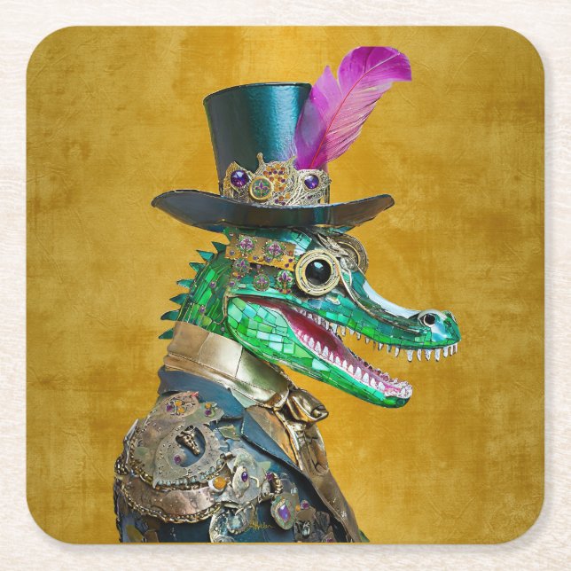 Mardi Gras Steampunk Party Djur Alligator Underlägg Papper Kvadrat (Framsidan)