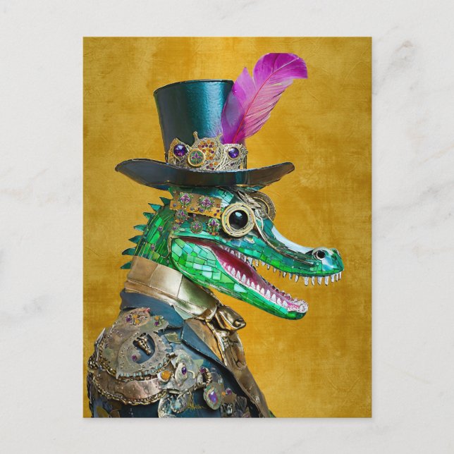 Mardi Gras Steampunk Party Djur Alligator Vykort (Framsida)