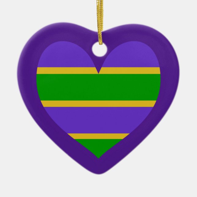 Mardi Gras Stripe Lila Heart Julgransprydnad Keramik (Framsidan)