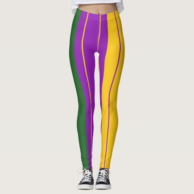 Mardi Gras Stripey Mauve, Grönt, gult Leggings (Framsida)
