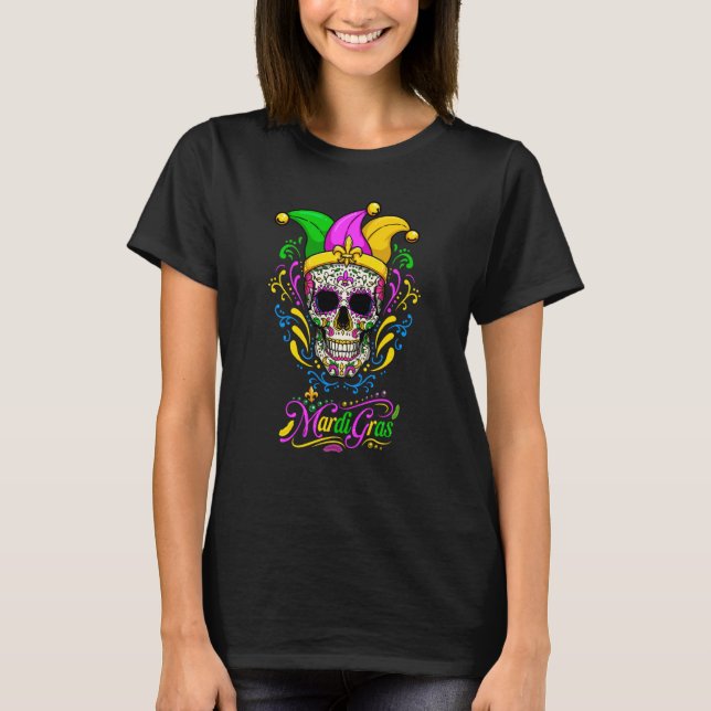 Mardi Gras Sugar Skull Fleur De Lis Jesters Hat Pa T Shirt (Framsida)