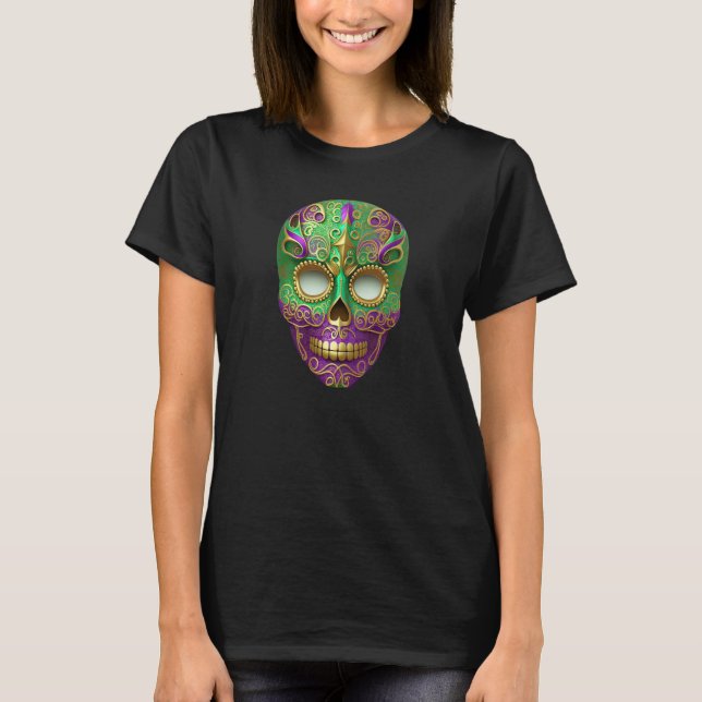 Mardi Gras Sugar Skull Green Purple & Gold T Shirt (Framsida)
