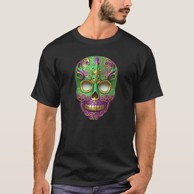 Mardi Gras Sugar Skull Green Purple & Gold T Shirt (Framsida)