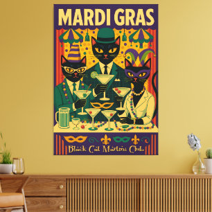 Mardi Gras Svart Katt Martini Klubb Trio Canvastryck