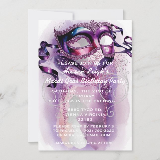 Mardi Gras Sweet 16 maskerad födelsedagsinbjudan (Framsida)