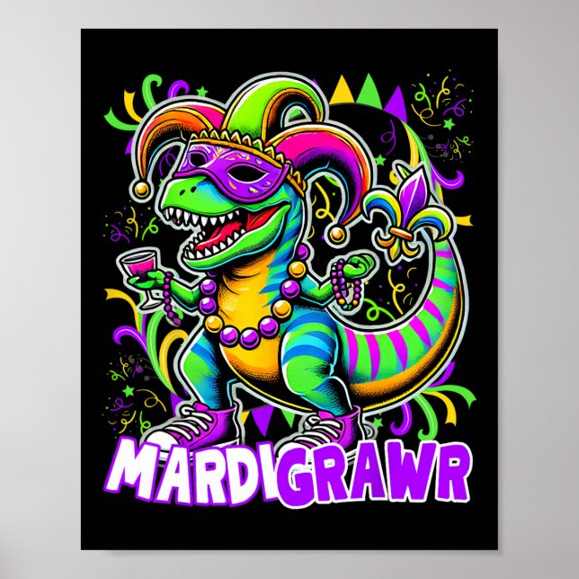 Mardi Gras T Rex Dinosaur Mardi Grawr Bead Costume Poster (Framsidan)