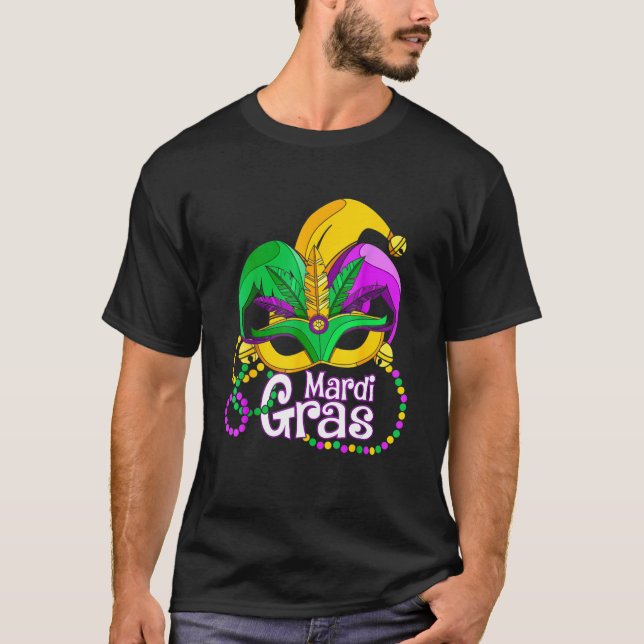 Mardi Gras T Shirt Mardi Gras Beads Mask Feathers  (Framsida)