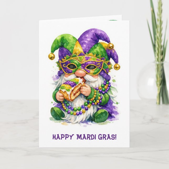 Mardi Gras Tomte Äter King Cake Kort (Framsida)