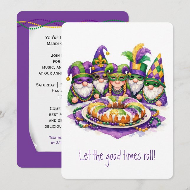 Mardi Gras Tomte med King Cake Inbjudningar (Fram/baksida)