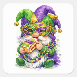Mardi Gras Tomte som äter King Cake Fyrkantigt Klistermärke