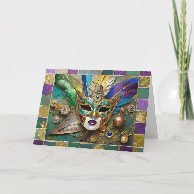 Mardi Gras Tredje Öga-Guld keramisk flammask Helgkort (Framsida)