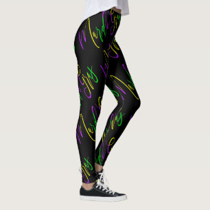 Mardi Gras Typography Lila Grönt Gult Black Leggings