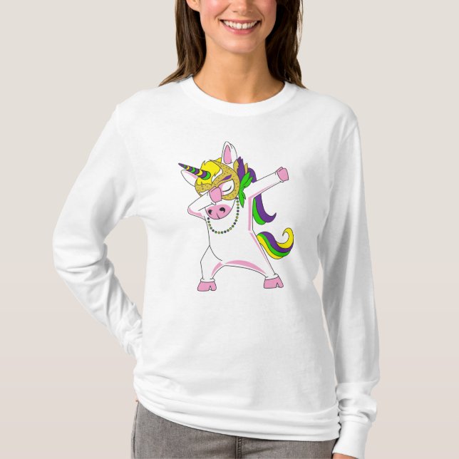 Mardi Gras Unicorn Dabbing Lila Rosa Gult T Shirt (Framsida)