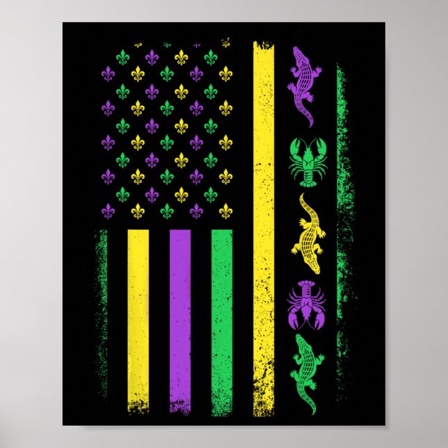 Mardi Gras Usa American Flagga Kräftor Alligator M Poster (Framsidan)