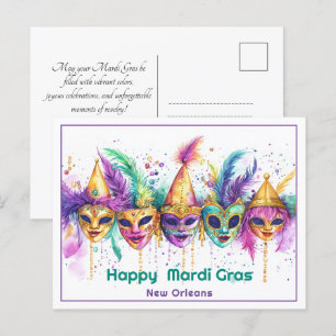 💚 💜 💛 Mardi Gras vattencolor Cajun Carnival Cha Vykort