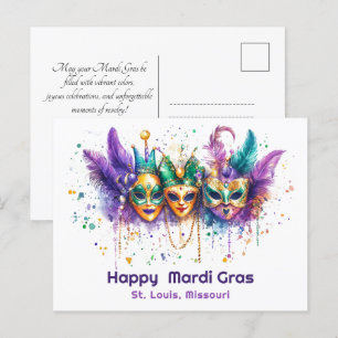 💚 💜 💛 Mardi Gras vattencolor Harlequin Havoc Vykort