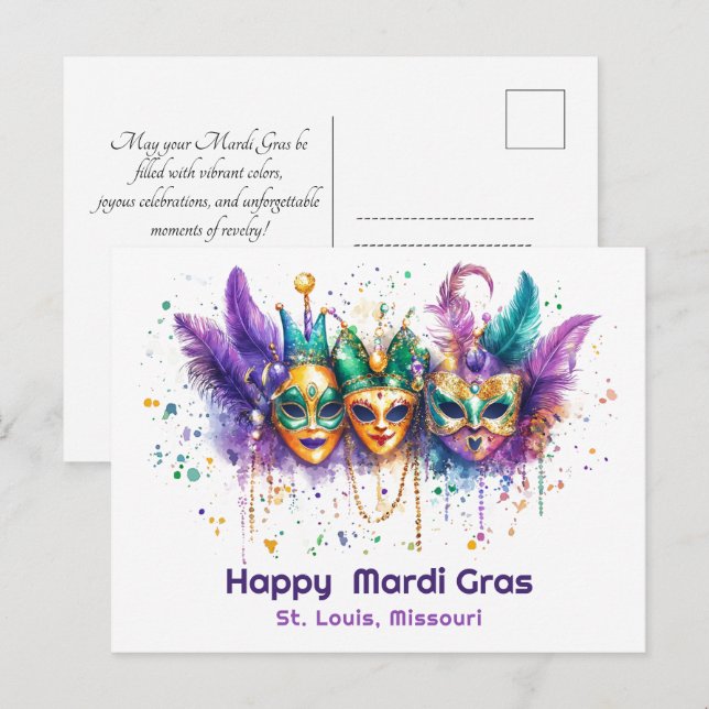 💚 💜 💛 Mardi Gras vattencolor Harlequin Havoc Vykort (Fram/baksida)