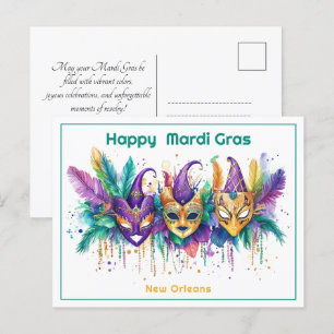 💚 💜 💛 Mardi Gras vattencolor Mask MisChief Make Vykort