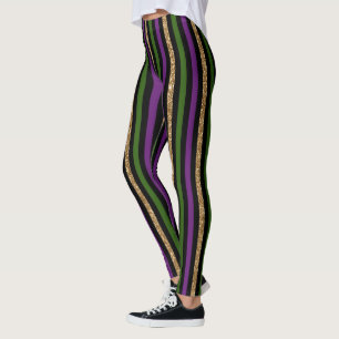 Mardi Gras Vertikal Randig Mönster Lila Grön Leggings