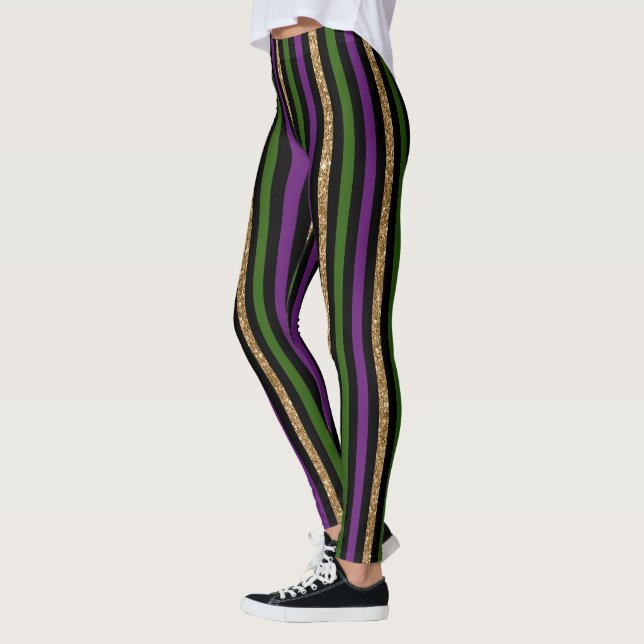Mardi Gras Vertikal Randig Mönster Lila Grön Leggings (Vänster)