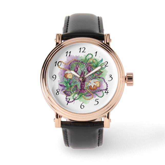 Mardi Gras Watercolor-firande  Armbandsur (Framsida)